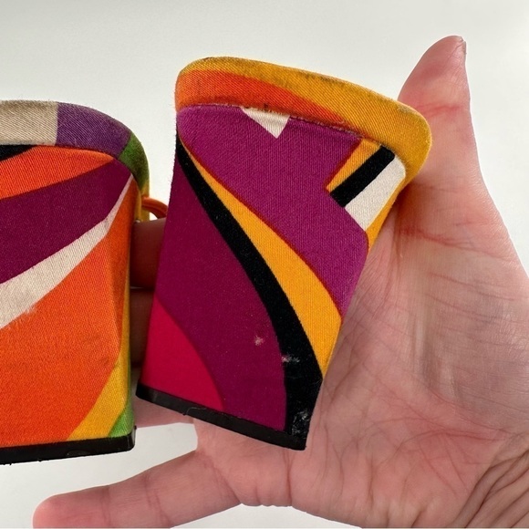 Classique heels size 7 multicolored satin psychedelic slides vintage 80s 90s - Picture 9 of 15